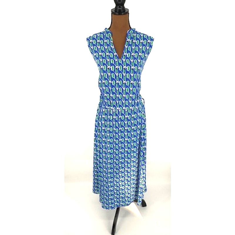 Anne Klein Blue and Green Printed Sleeveless Cinched Waist Maxi Dress – Large